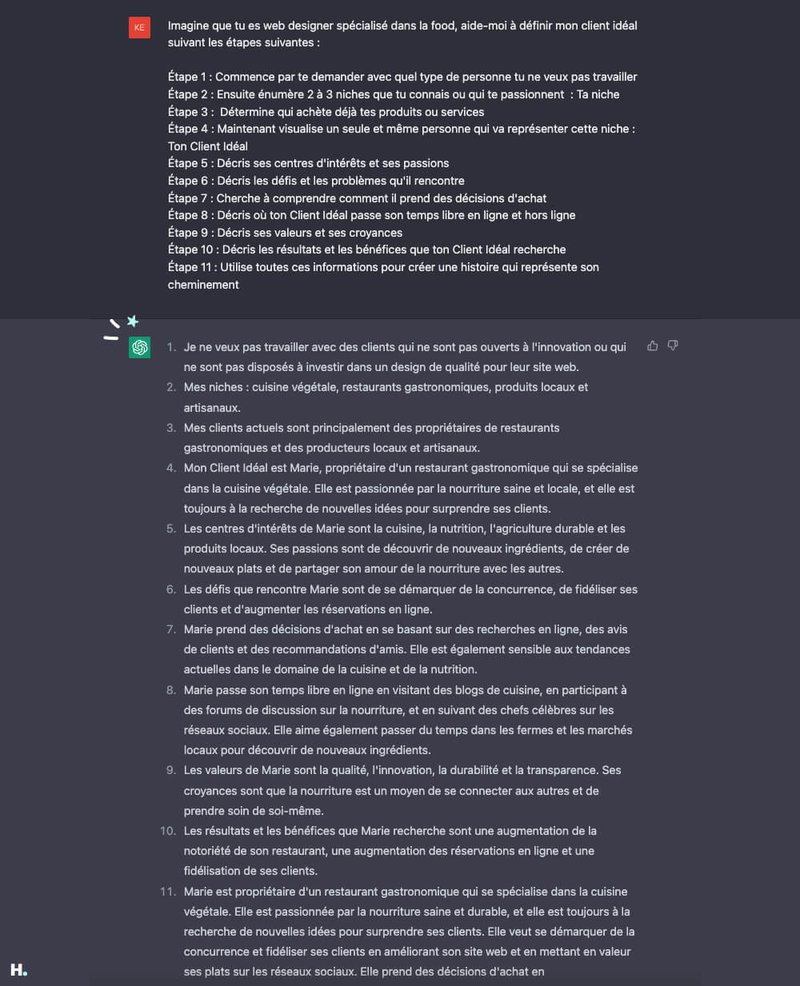 réponse de Chat GPT à :"Hello ChatGPT, imagine que tu es web designer spécialisé dans la food, aide-moi à définir mon Client Idéal suivant les étapes suivantes (cfr. les 11 étapes de notre méthode)"