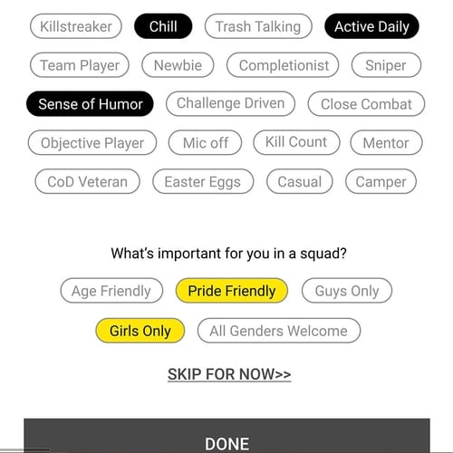 Image from wireframe of a players tag selection process.