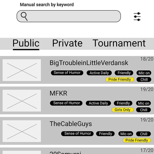 Image from wireframe of search results containing squads with compatible tags.