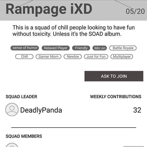 Image from wireframe of a squad's main page.