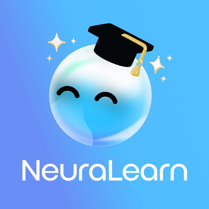 A glossy translucent blue sphere with a calm, smiling closed-eye face, surrounded by sparkles on a blue gradient, beside the NeuraLearn wordmark.