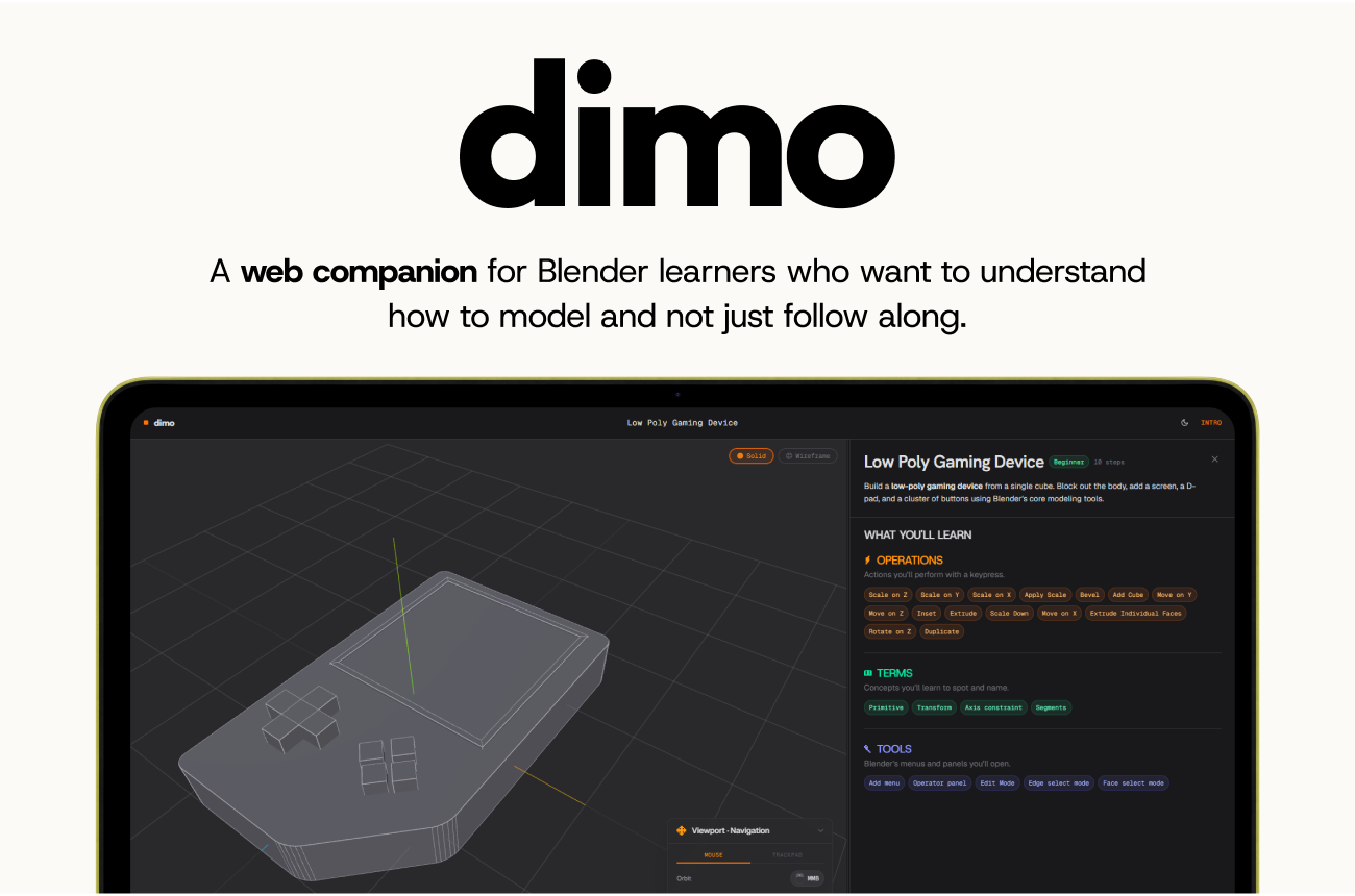 Dimo, A web companion for Blender learners who want to understand how to model and not just follow along., Product Image of dimo on a mac book screen.