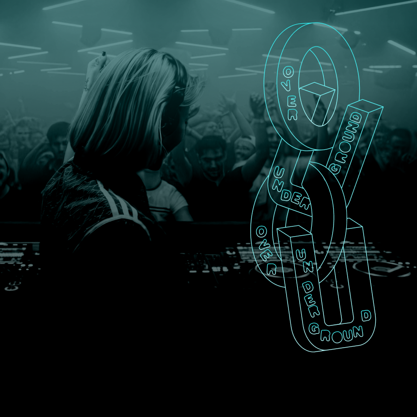 A minimalist, industrial logo featuring interlocking chainlink shapes representing the letters O and U. The logo is overlaying a photo of a female DJ playing to a crowd. / A lifestyle mockup of the Over/Underground mobile app interface displayed on a smartphone. 