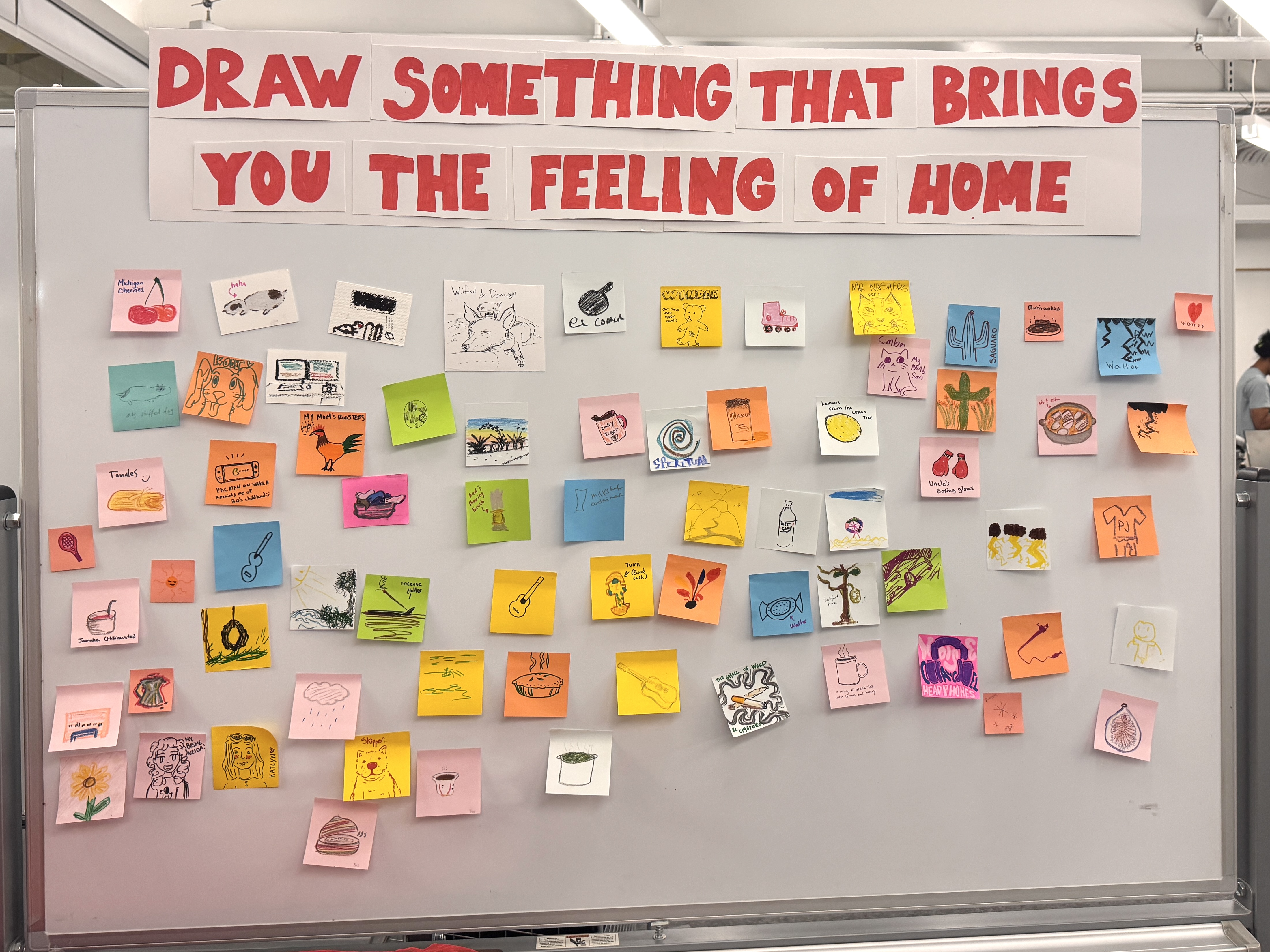 posted notes people left, with drawings of the things that bring them feeling of home