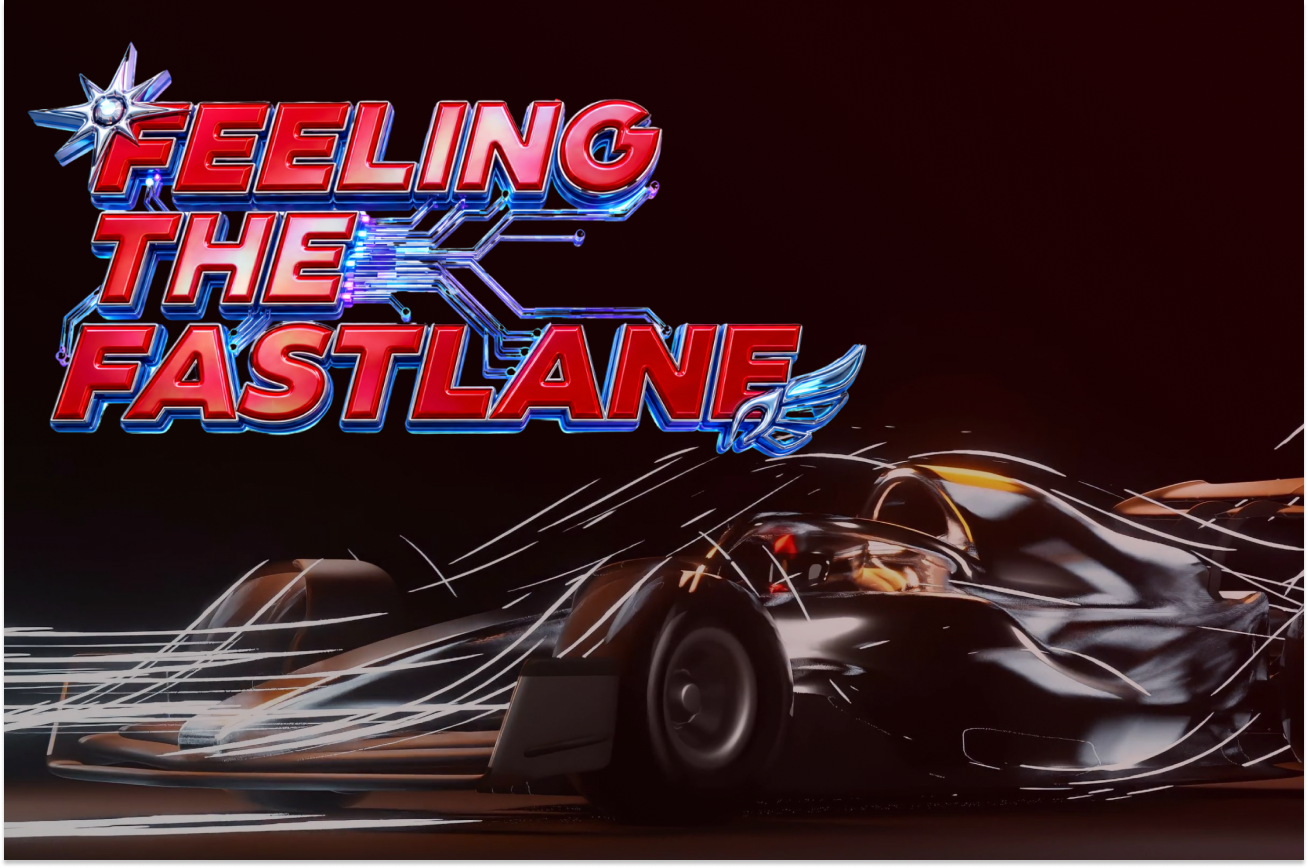 Feeling the Fastlane logo above a F1 car with wind moving over it