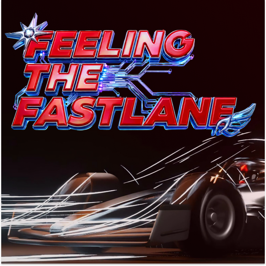 Feeling the Fastlane logo above a F1 car with wind moving over it