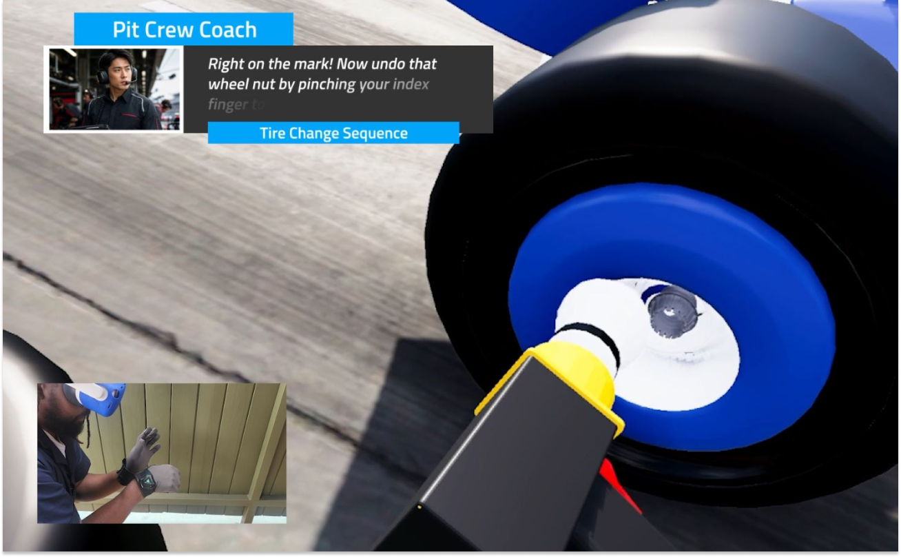 In-headset view of user performing the first task: changing a F1 tire