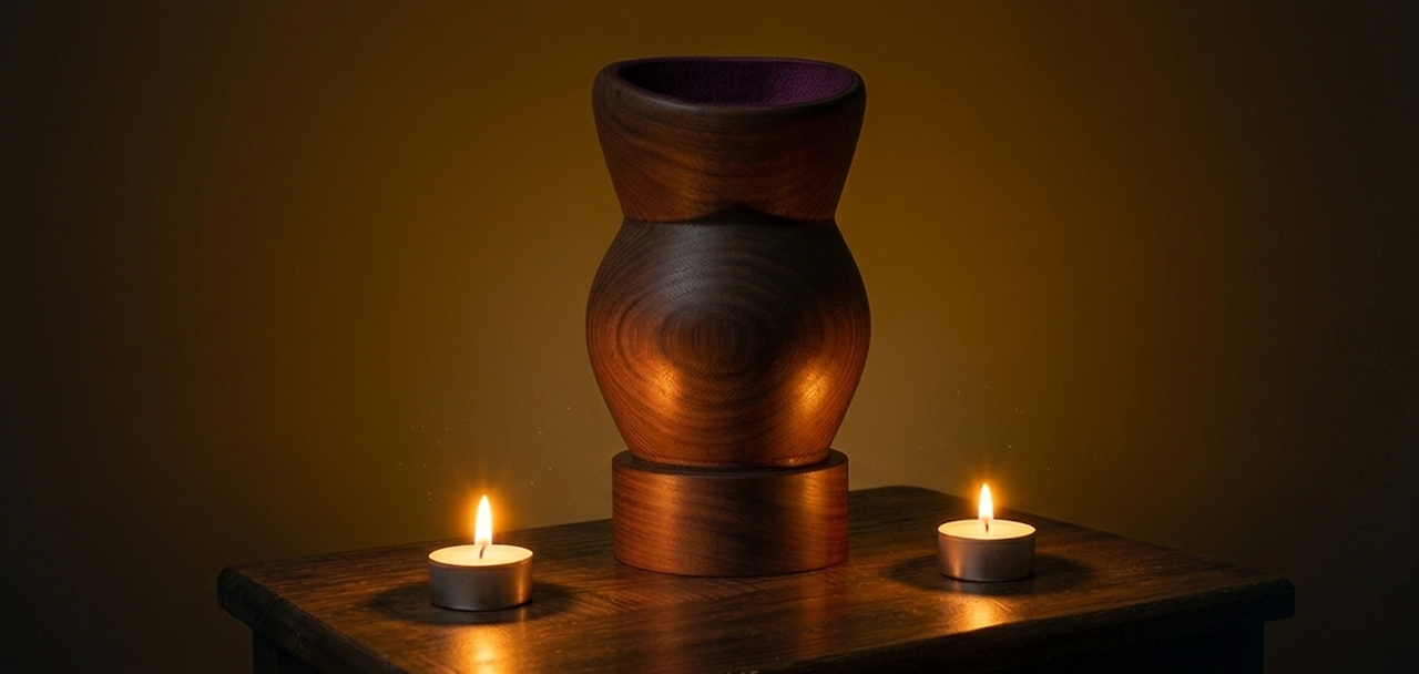 Image of a wooden urn like device. Top down view, and front view.
