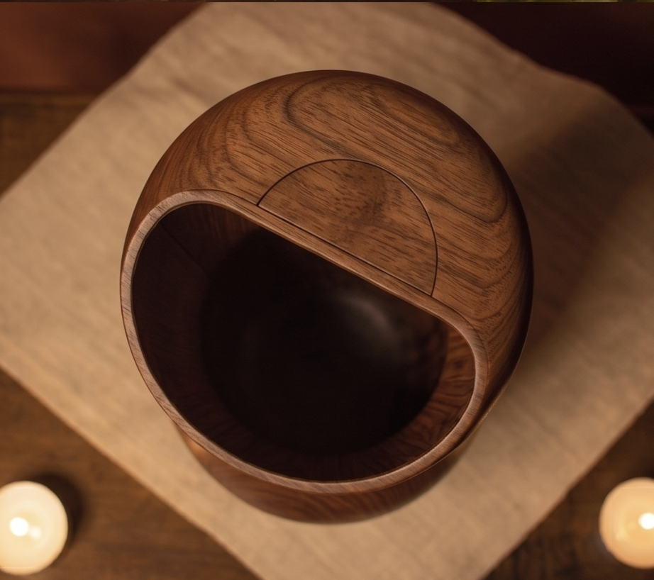 Image of a wooden urn like device. Top down view, and front view.