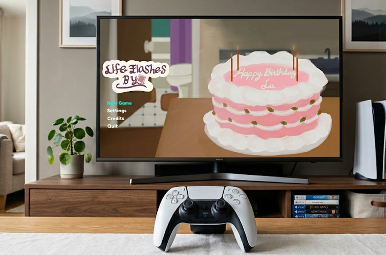 Image of a TV displaying the menu screen of Life Flashes By with the DualSense controller in the front view.