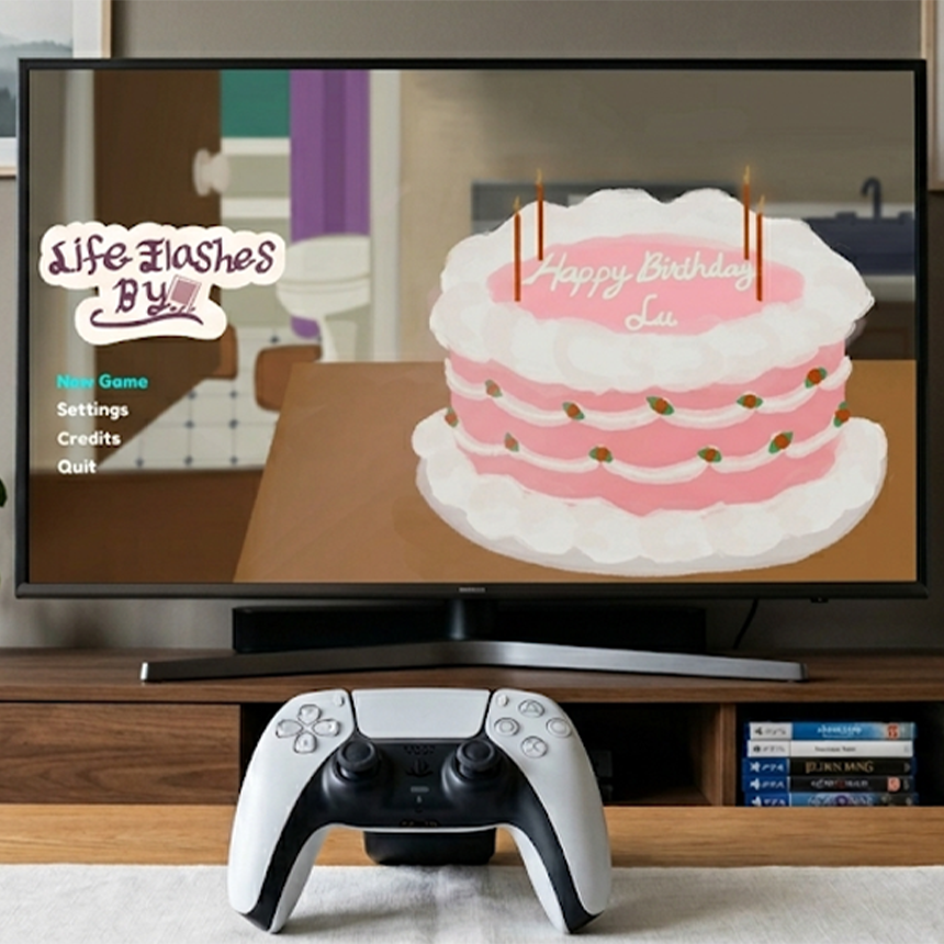 Image of a TV displaying the menu screen of Life Flashes By with the DualSense controller in the front view.