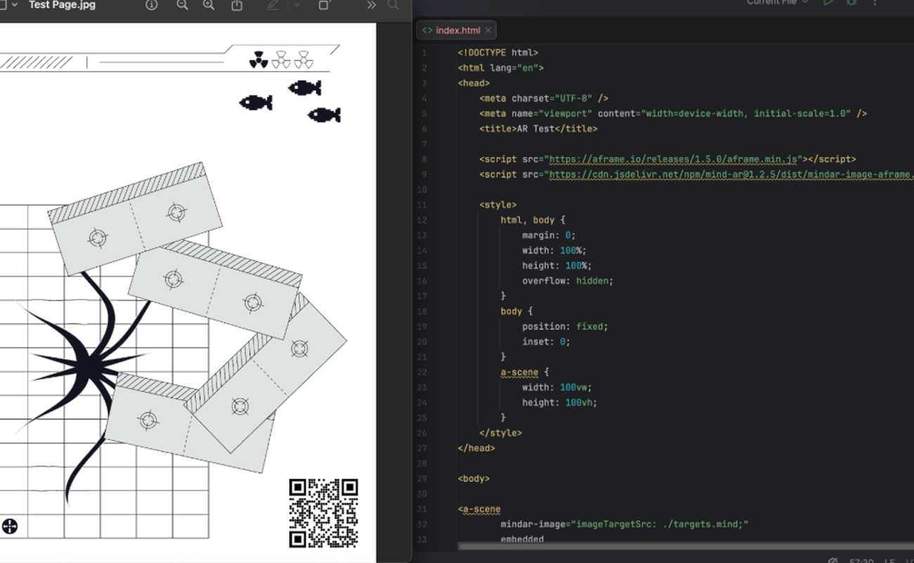 Early WebAR prototype created with MindAR to test image tracking and AR content for the zine.