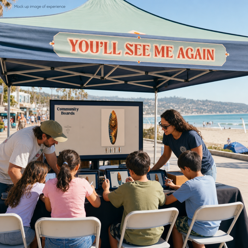 A vintage-style homepage featuring the title "You'll See Me Again" in bold red lettering on a teal badge, alongside a photorealistic AI-generated surfboard decorated with a sacred heart and calla lilies in an American Traditional style.