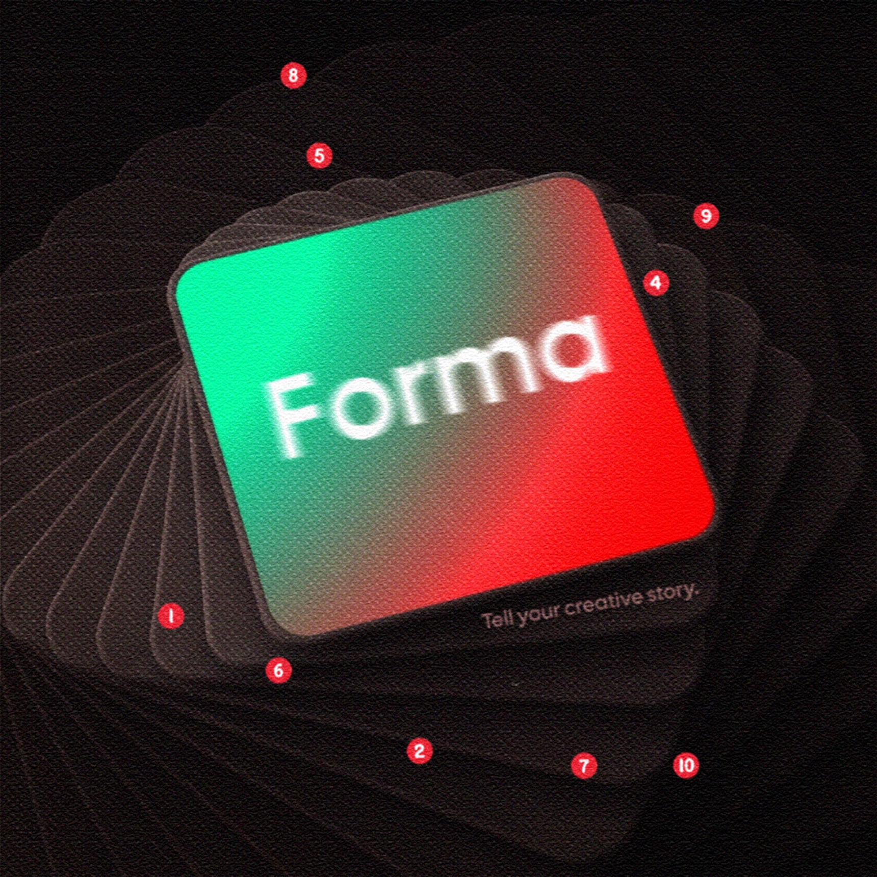 The Forma app icon, a rounded square with a green-to-red gradient and the word Forma across it, with the tagline "Tell your creative story." Faint cards fan out behind it like layers of saved work.