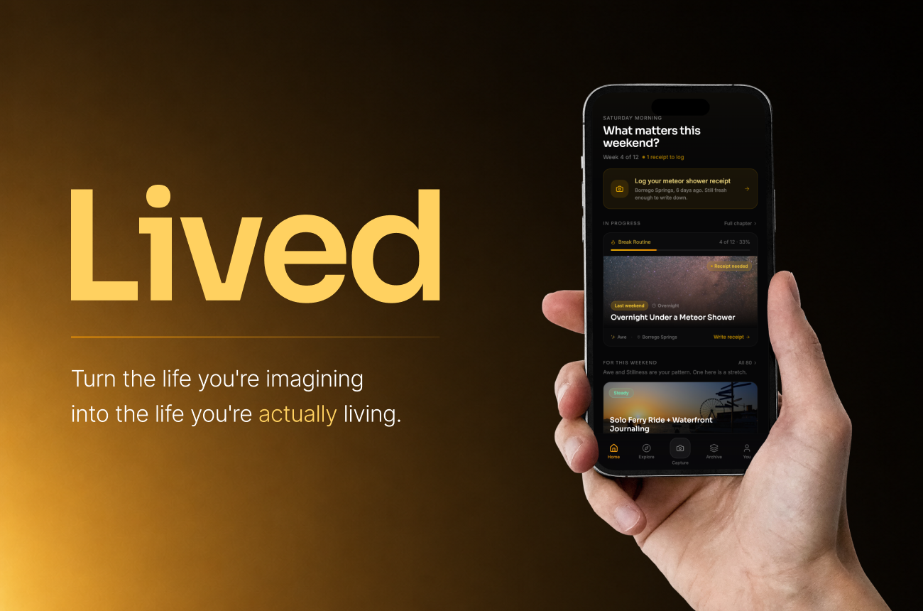 A dark cinematic hero image for Lived, showing the Lived logo, the tagline “Turn the life you’re imagining into the life you’re actually living,” and a hand holding a phone displaying the app interface.