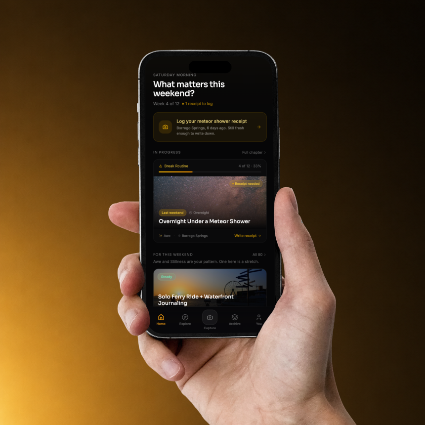 A dark cinematic hero image for Lived, showing the Lived logo, the tagline “Turn the life you’re imagining into the life you’re actually living,” and a hand holding a phone displaying the app interface.