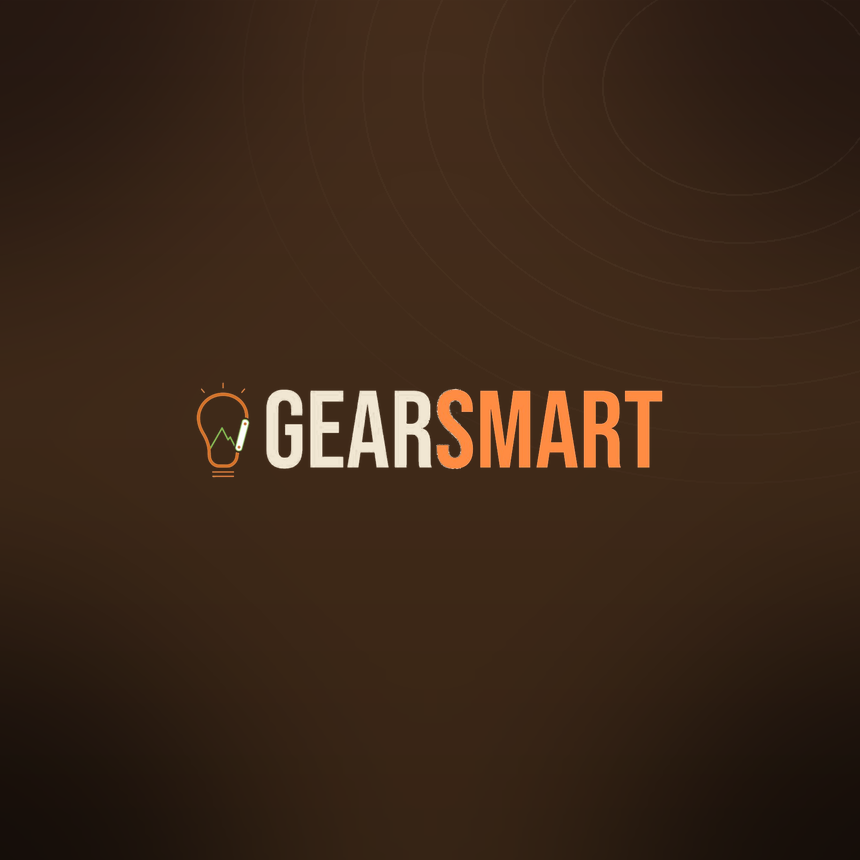 GearSmart's landing screen; The GearSmart logo — the carabiner-lightbulb mark and wordmark on the dark brand background.