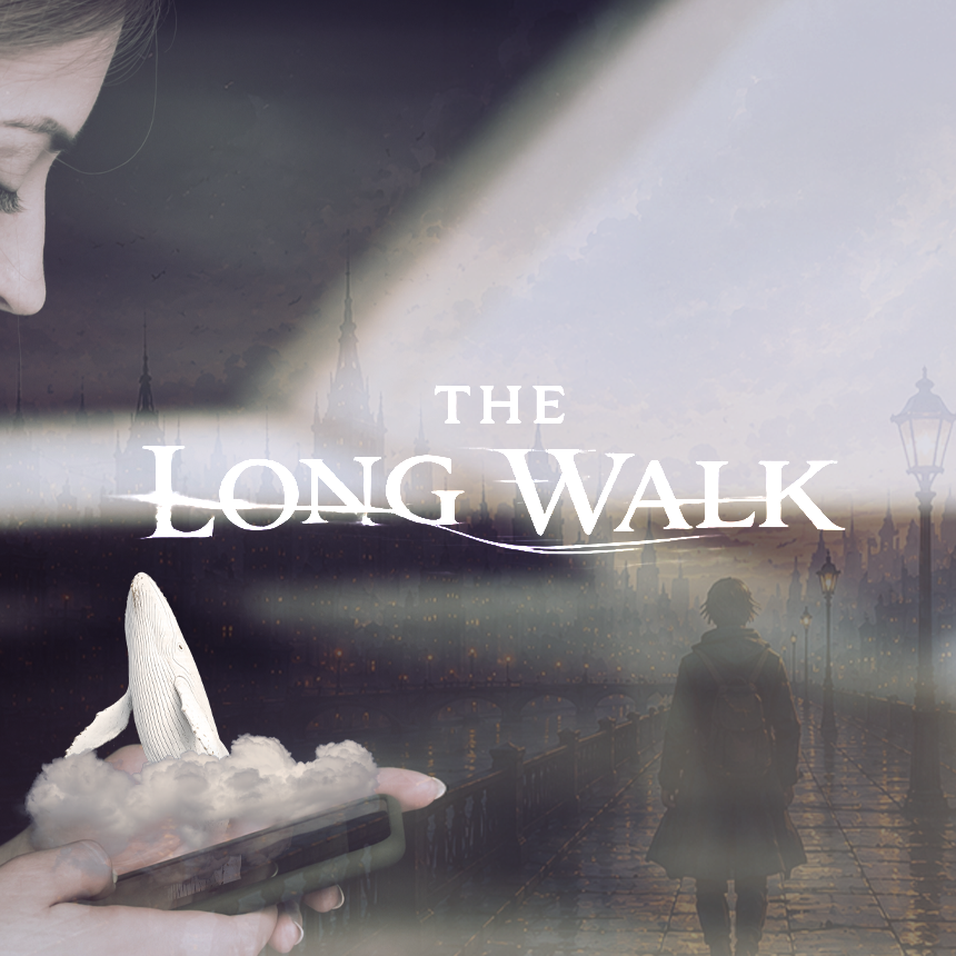 A white whale rises from a phone held in someone's hands, while a lone figure walks down a misty city street. Title: "The Long Walk."
