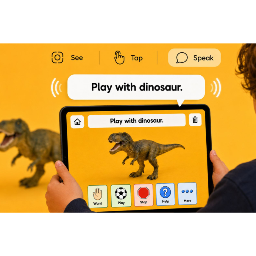 VocalEyes begins with the child pointing the iPad camera at a real object in their environment.
