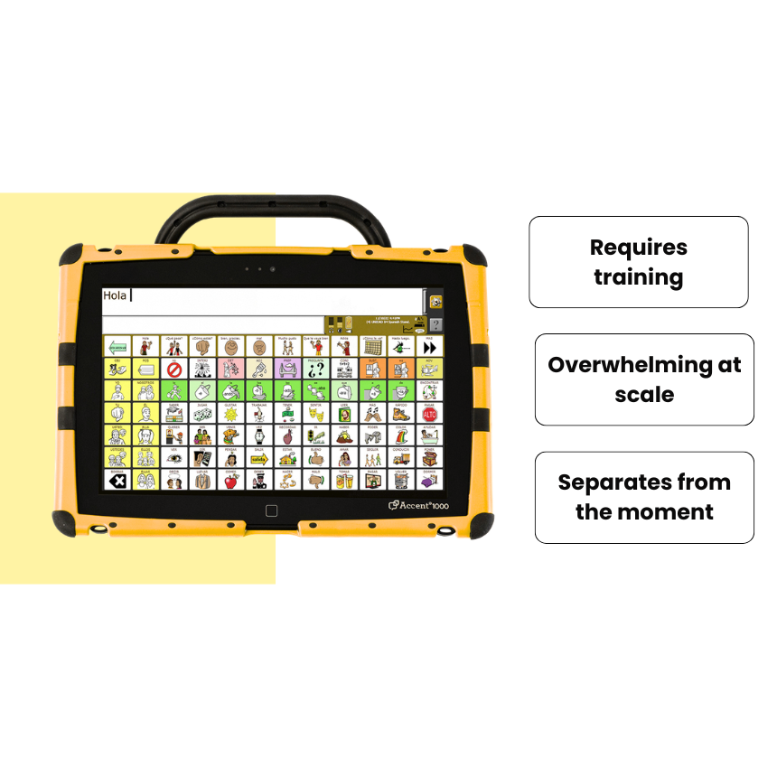 Traditional AAC systems can be powerful, but they often require training, become visually overwhelming, and separate the child from the moment.