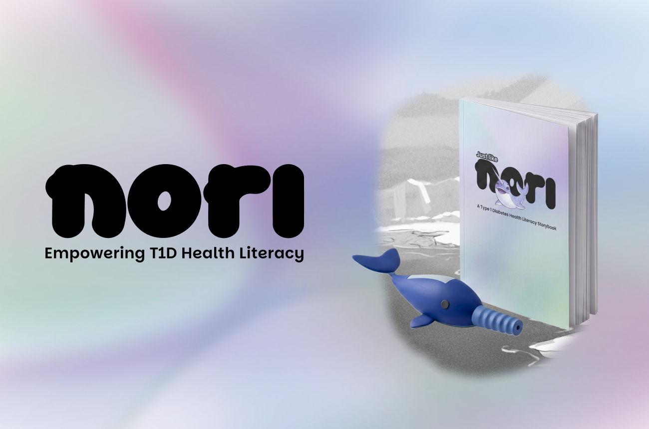 Left Side: A prominent logo reads "nori" in a thick, rounded, black lowercase font. Directly underneath, the tagline reads "Empowering T1D Health Literacy" in a clean, black sans-serif font. Right Side: A separate circular image overlay reveals a 3D mockup of a standing book and a toy narwhal against a monochromatic, sketched background of an icy arctic landscape. Background: The entire image is set against a soft, gradient background with pastel shades of purple, blue, green and pink.