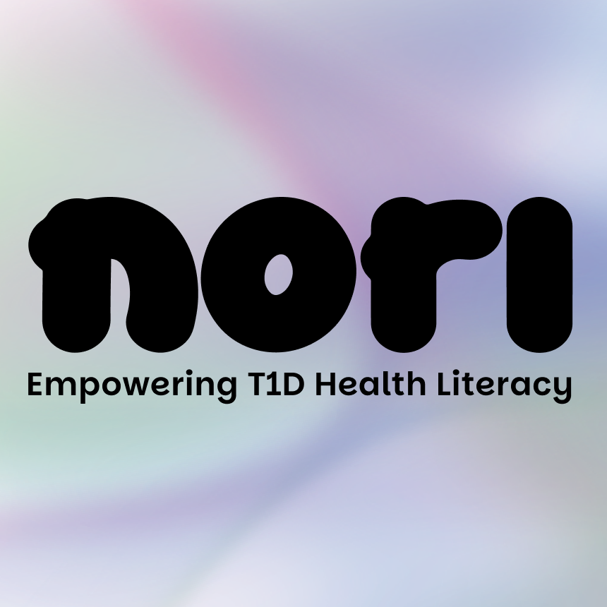 Left Side: A prominent logo reads "nori" in a thick, rounded, black lowercase font. Directly underneath, the tagline reads "Empowering T1D Health Literacy" in a clean, black sans-serif font. Right Side: A separate circular image overlay reveals a 3D mockup of a standing book and a toy narwhal against a monochromatic, sketched background of an icy arctic landscape. Background: The entire image is set against a soft, gradient background with pastel shades of purple, blue, green and pink.