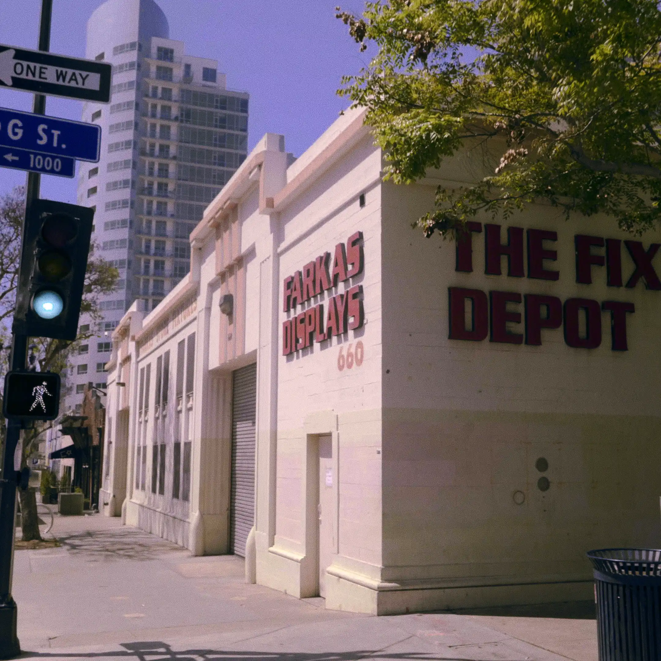 Downtown San Deigo warehouse at street corner day.