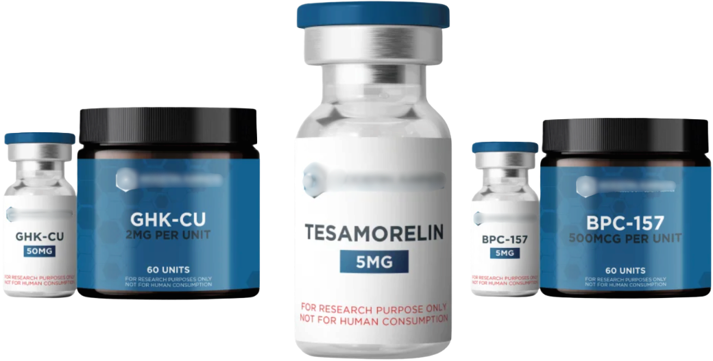 Five research chemical bottles arranged in a row including GHK-CU 50mg and 2mg jars, Tesamorelin 5mg vial, BPC-157 5mg vial and 500mcg jar, all labeled for research use only.