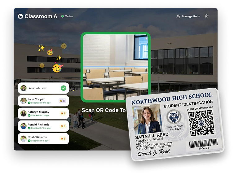Students checking in by scanning a QR code on the classroom display, next to a student ID card