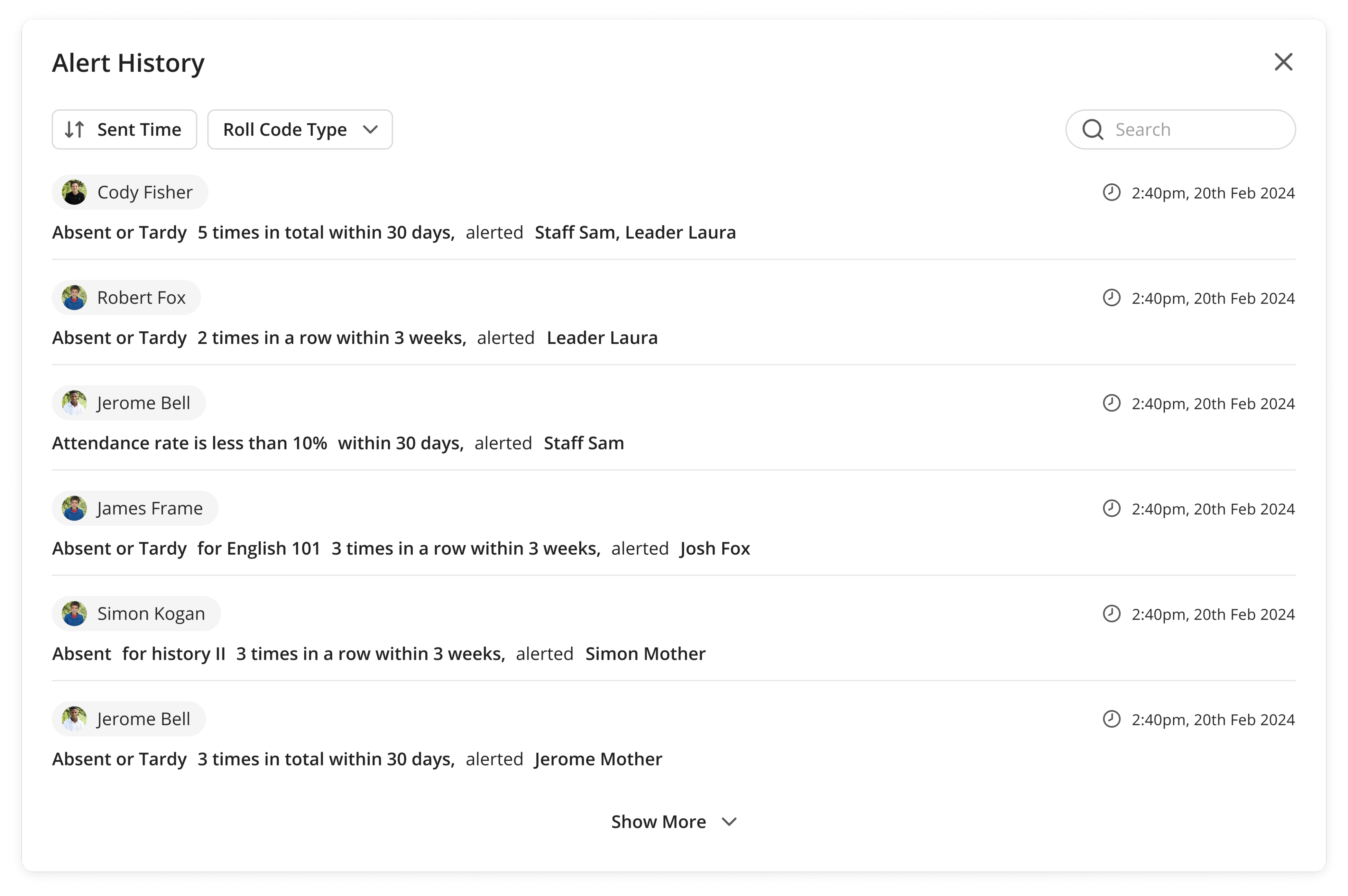 Alert History panel listing attendance alerts and who was notified