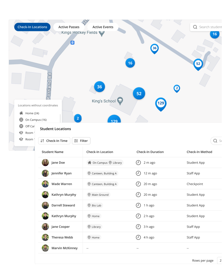 Live campus map and Student Locations list showing where students are checked in