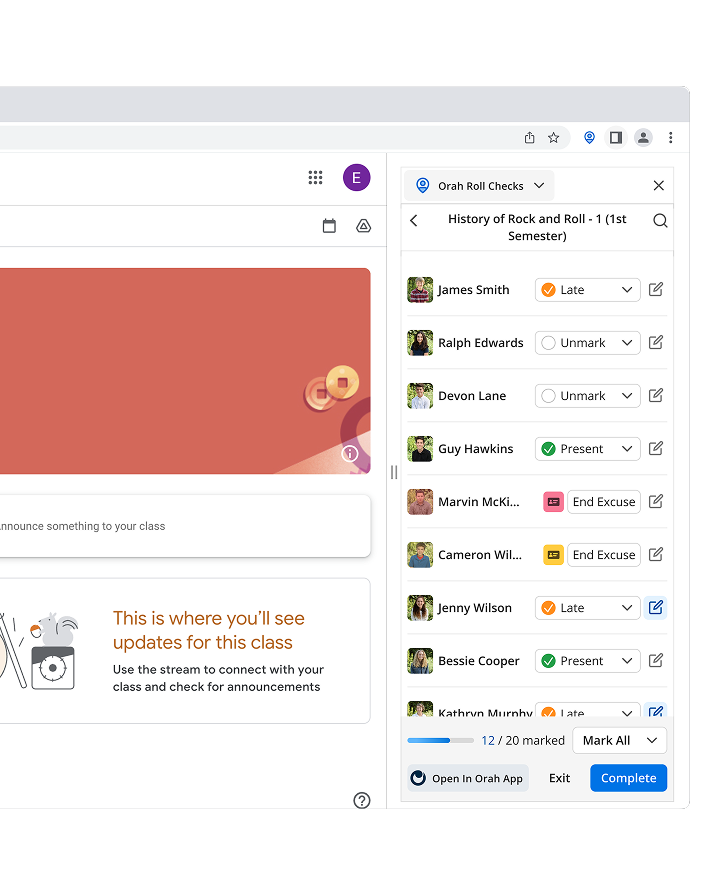 Orah Roll Checks browser extension open beside a class page