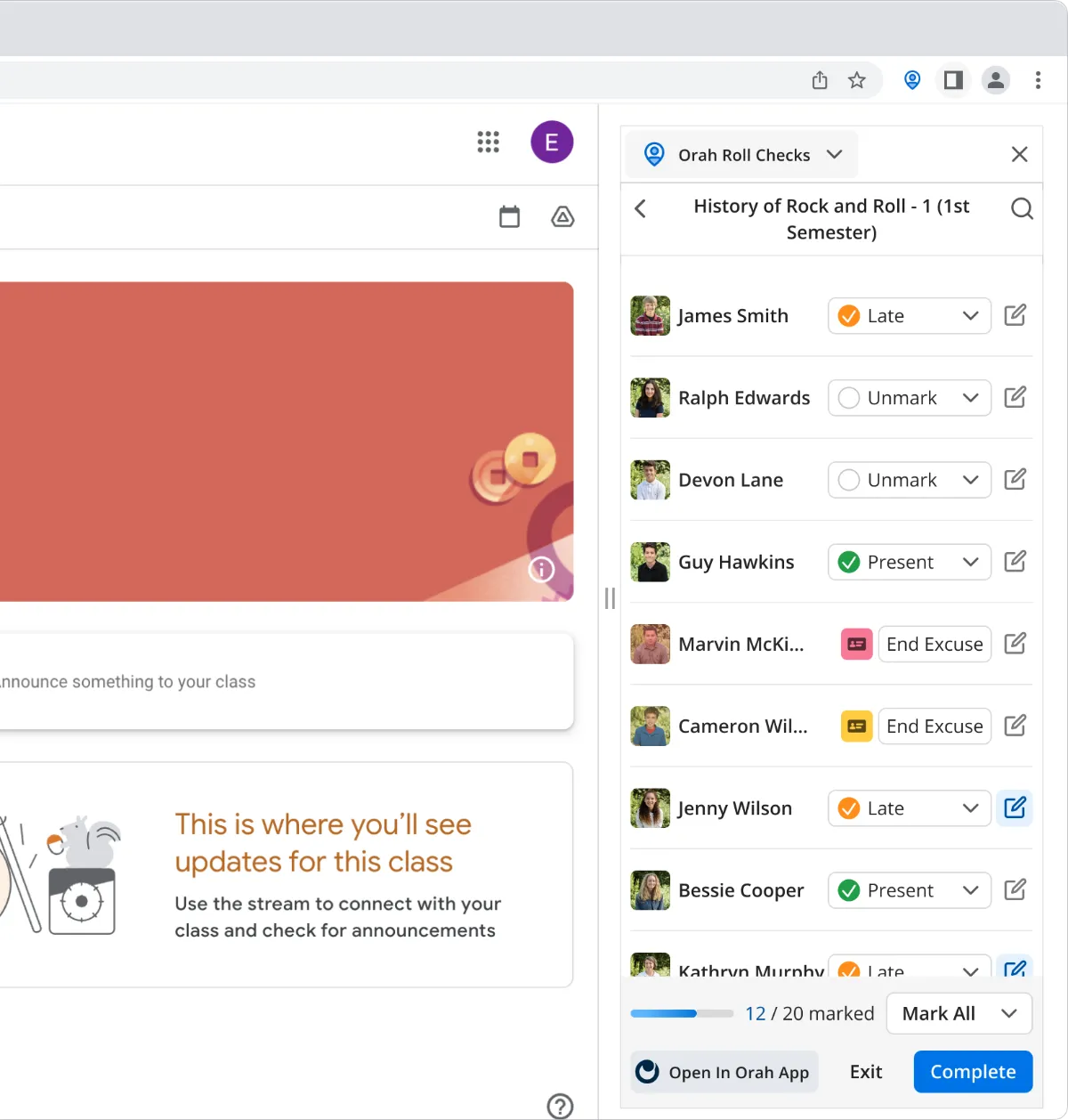 Orah Roll Checks browser extension open beside a class page