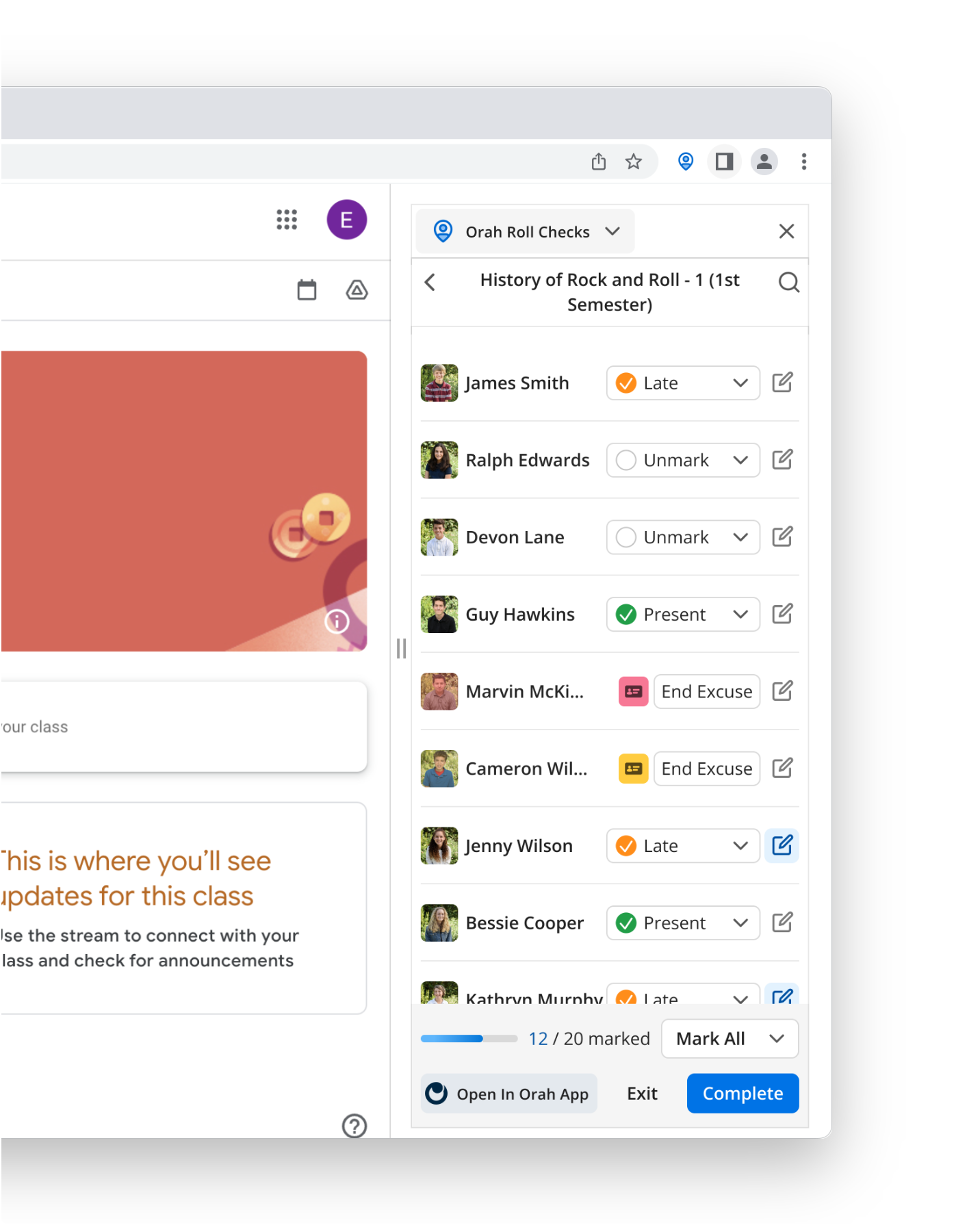 Orah Roll Checks browser extension open beside a class page