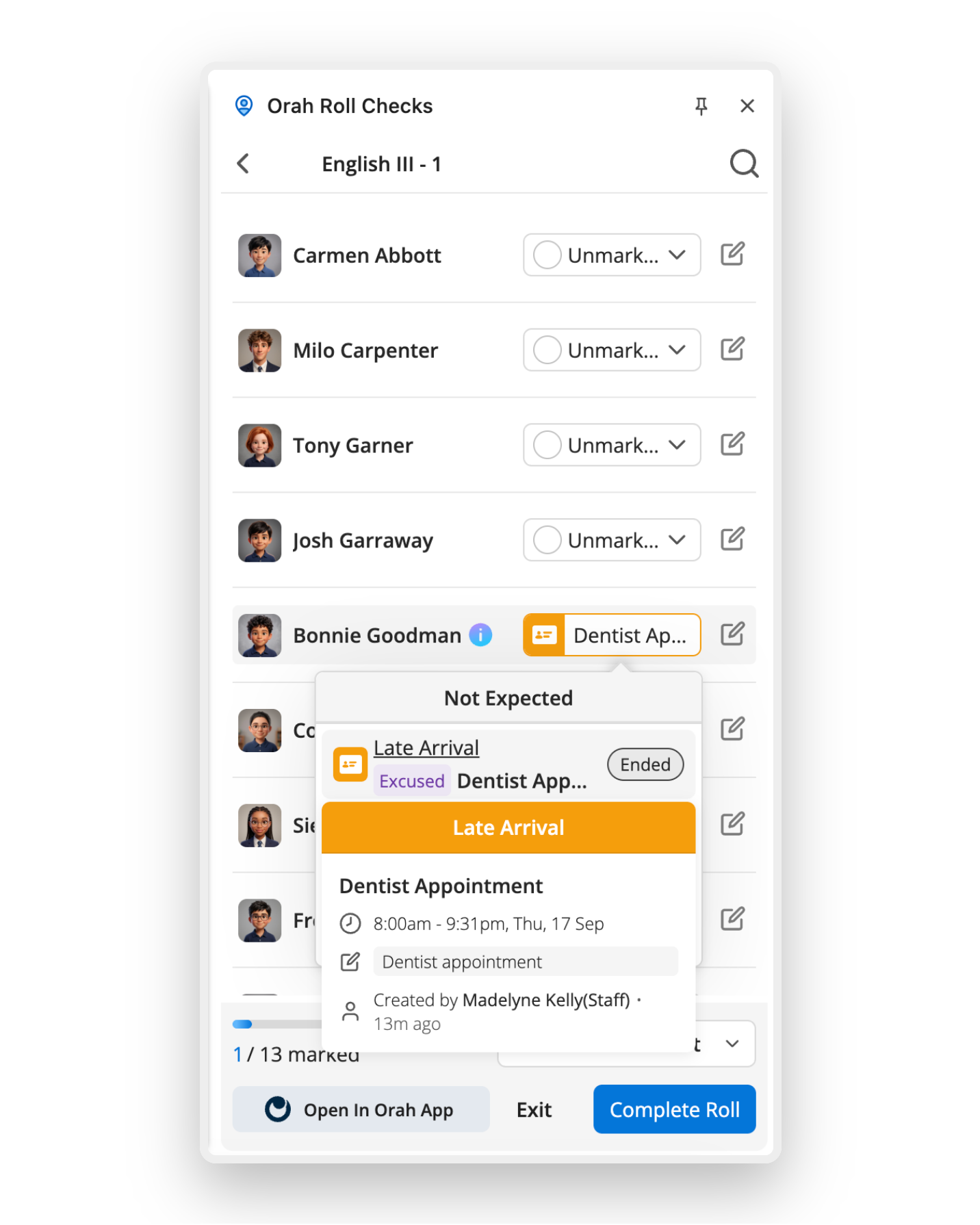 Alert History panel listing attendance alerts and who was notified