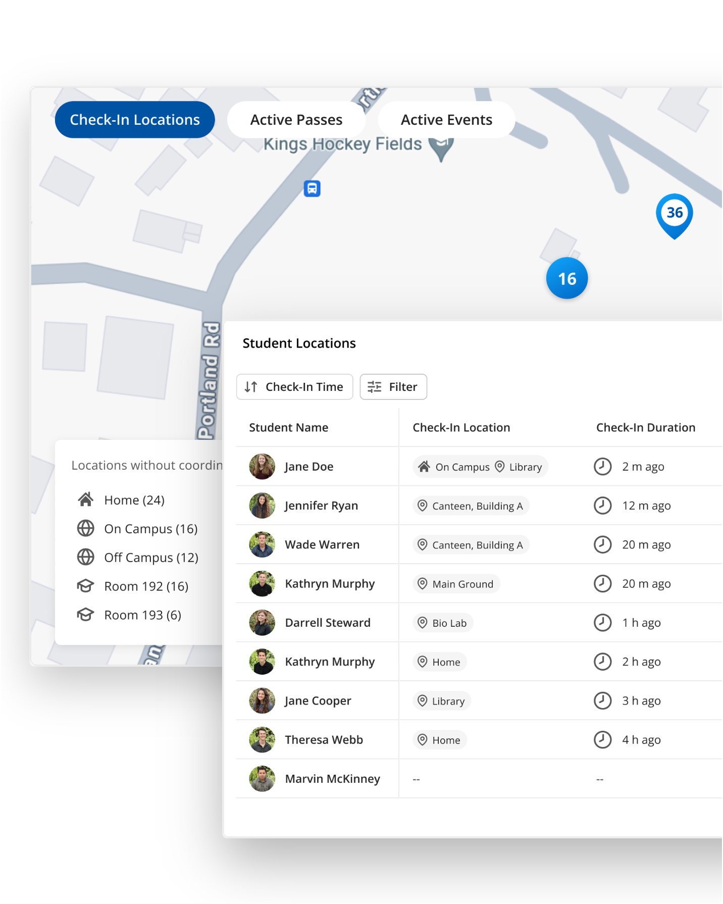 Live campus map and Student Locations list showing where students are checked in