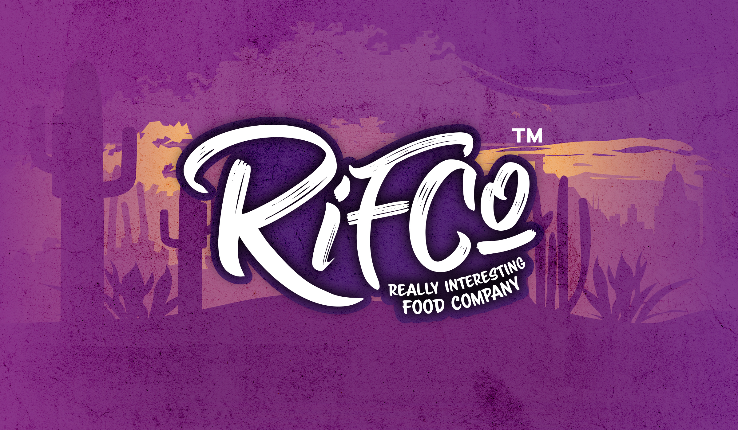 RIFCo Really Interesting Food Company logo design by Pemberton & Whitefoord, featuring bold white script on a purple textured background with desert cactus and sunset illustration
