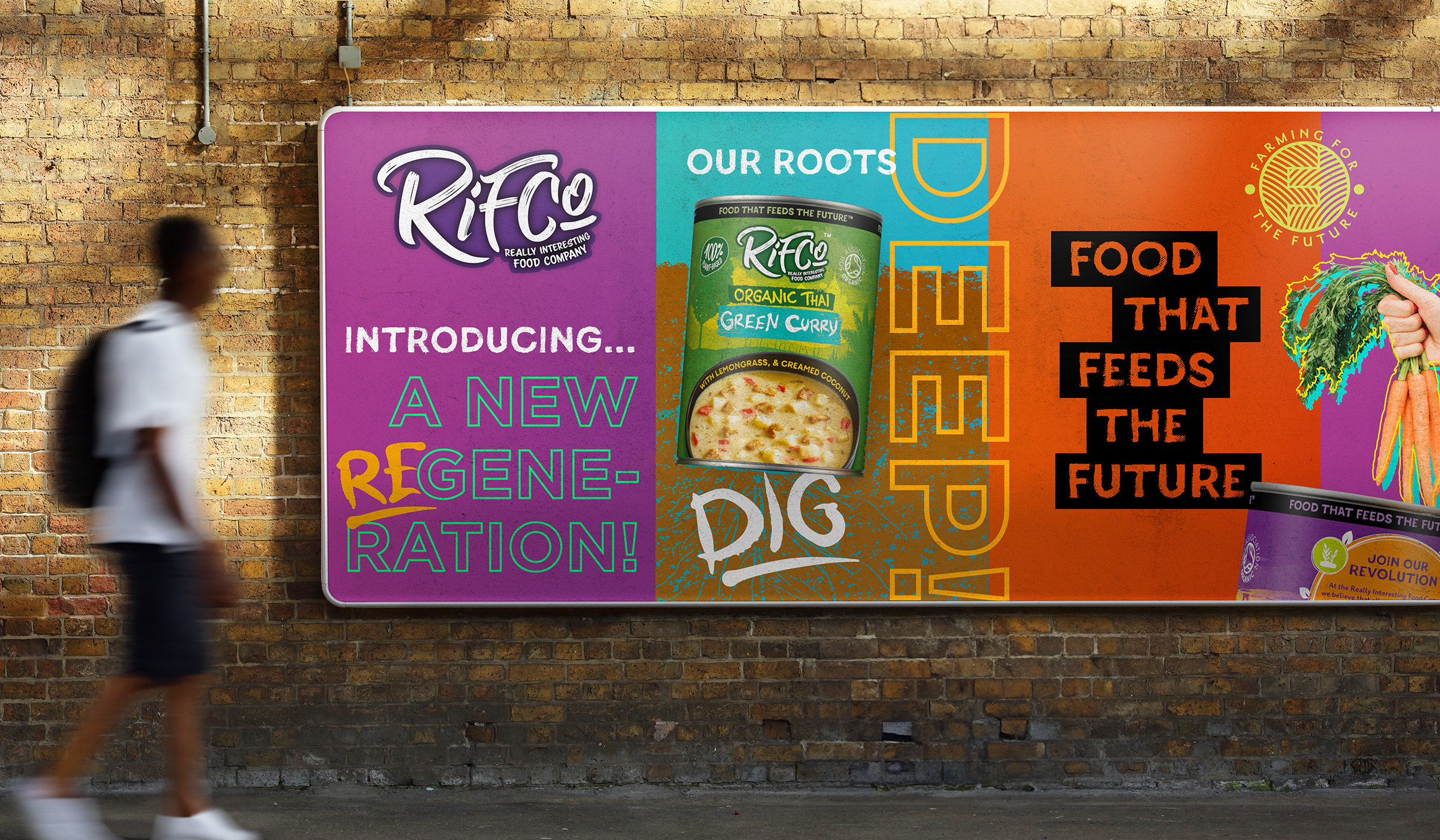 RIFCo outdoor billboard advertising campaign with bold typography and Organic Thai Green Curry can, promoting food that feeds the future