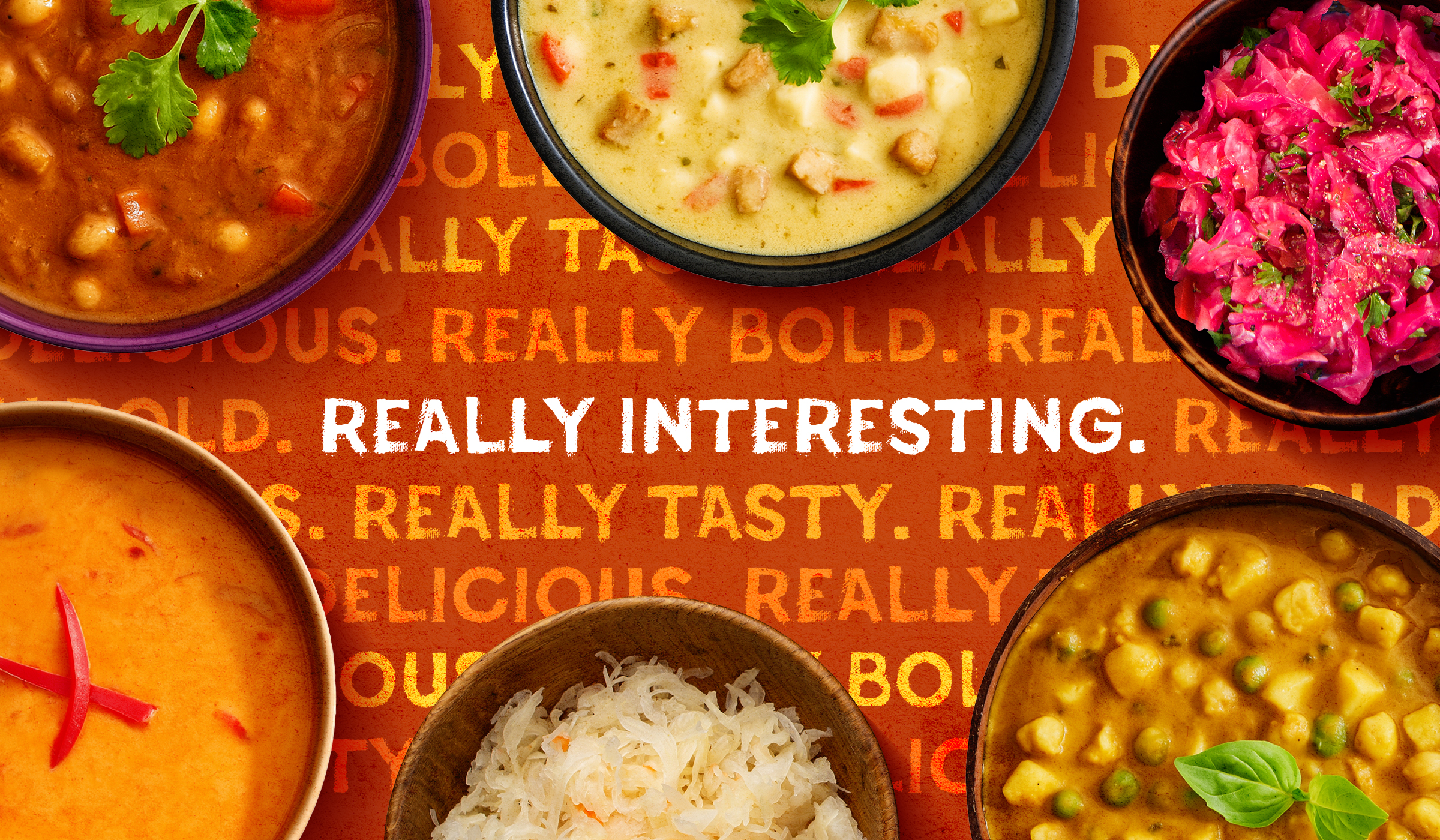 RIFCo food photography featuring bowls of organic plant-based soups, curries, and ferments, with bold Really Interesting slogan on orange background