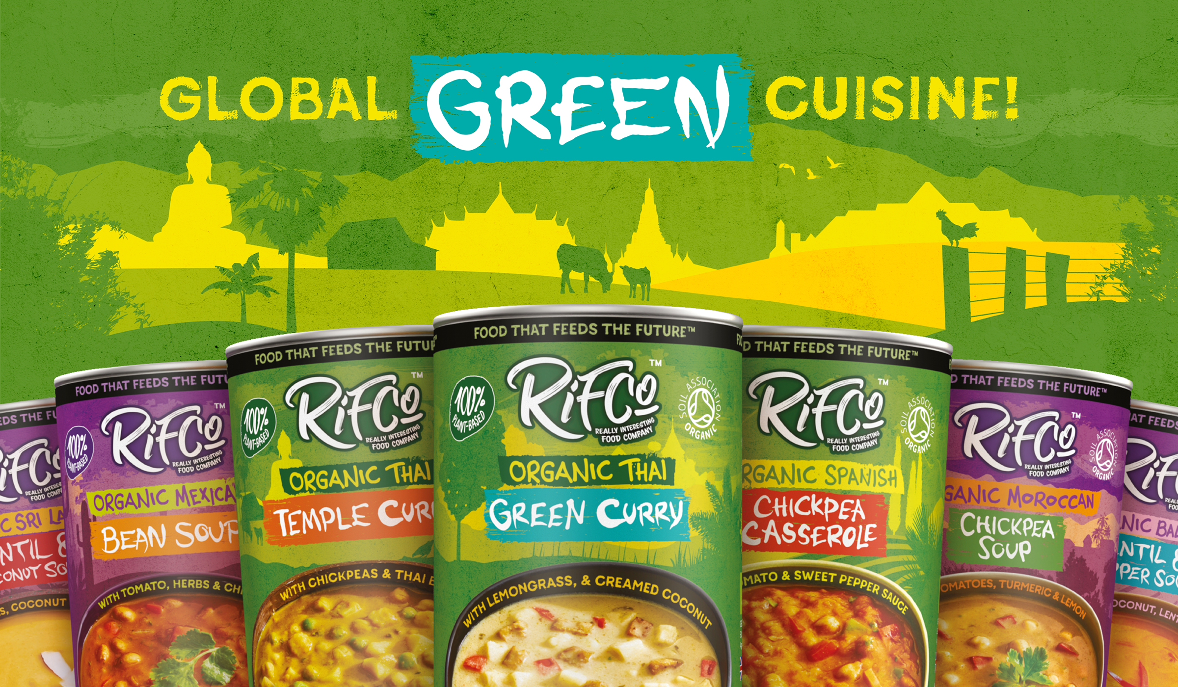 RIFCo global green cuisine range of organic plant-based soups and curries, including Mexican Bean Soup, Thai Temple Curry, and Spanish Chickpea Casserole, with illustrated travel-inspired background