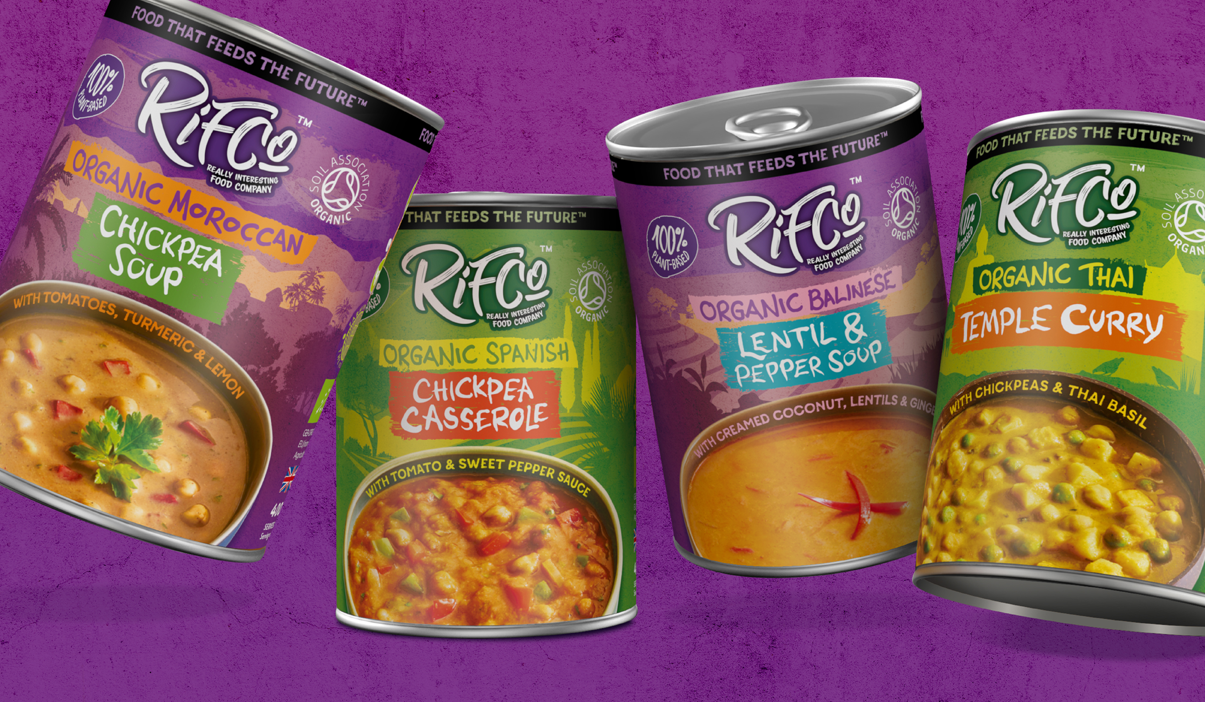 RIFCo organic plant-based soup can packaging design showcasing Moroccan Chickpea Soup, Spanish Chickpea Casserole, Balinese Lentil & Pepper Soup, and Thai Temple Curry on purple background