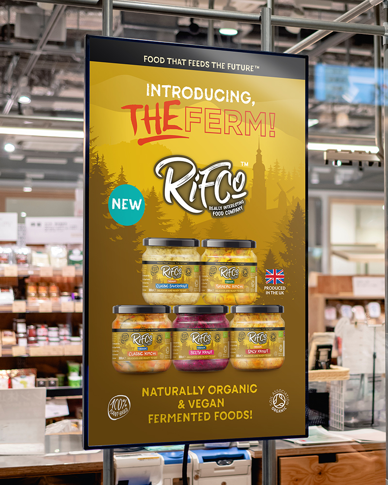 RIFCo in-store poster display introducing The Ferm organic vegan fermented foods range, including sauerkraut, kimchi, and kraut varieties