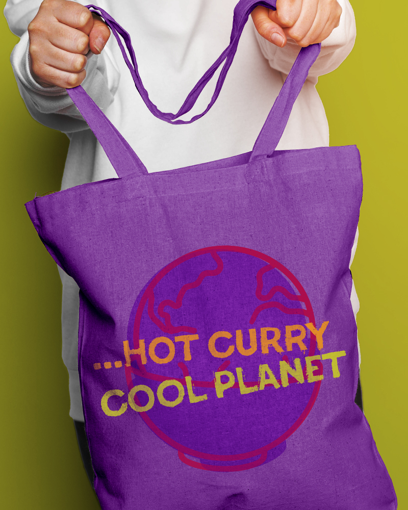 Purple reusable tote bag with Hot Curry Cool Planet slogan and illustrated globe, part of RIFCo sustainable merchandise range