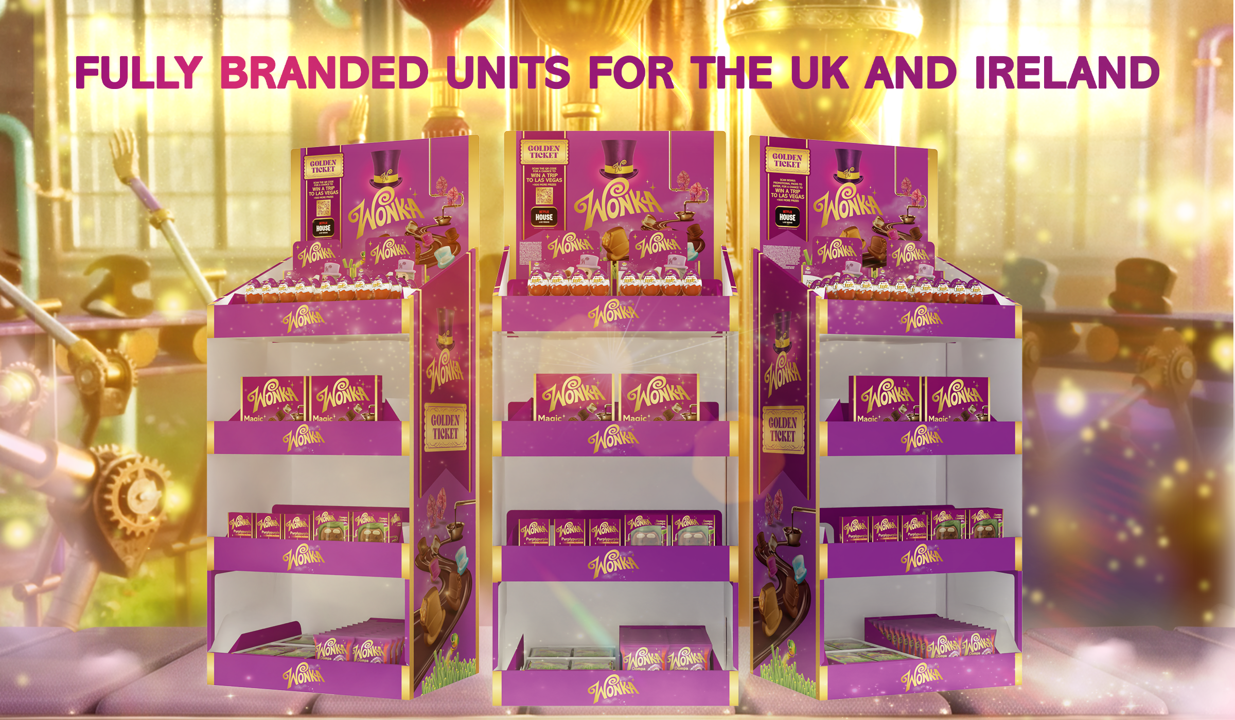 P&W Design created fully branded Wonka retail display units for Ferrero UK and Ireland, bringing the imaginative Wonka world to life through bold, immersive in-store shopper marketing.