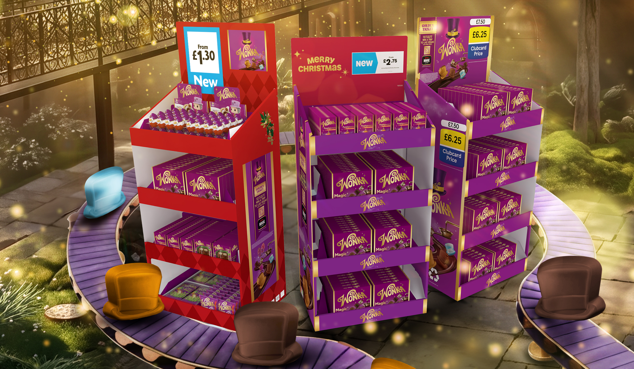 P&W Design created bespoke Wonka shopper marketing and standalone floor displays for UK supermarkets, adapting the magical brand world across retailer-specific units and seasonal in-store campaigns.