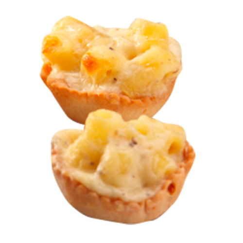 Two small savory tartlets filled with creamy macaroni and cheese.