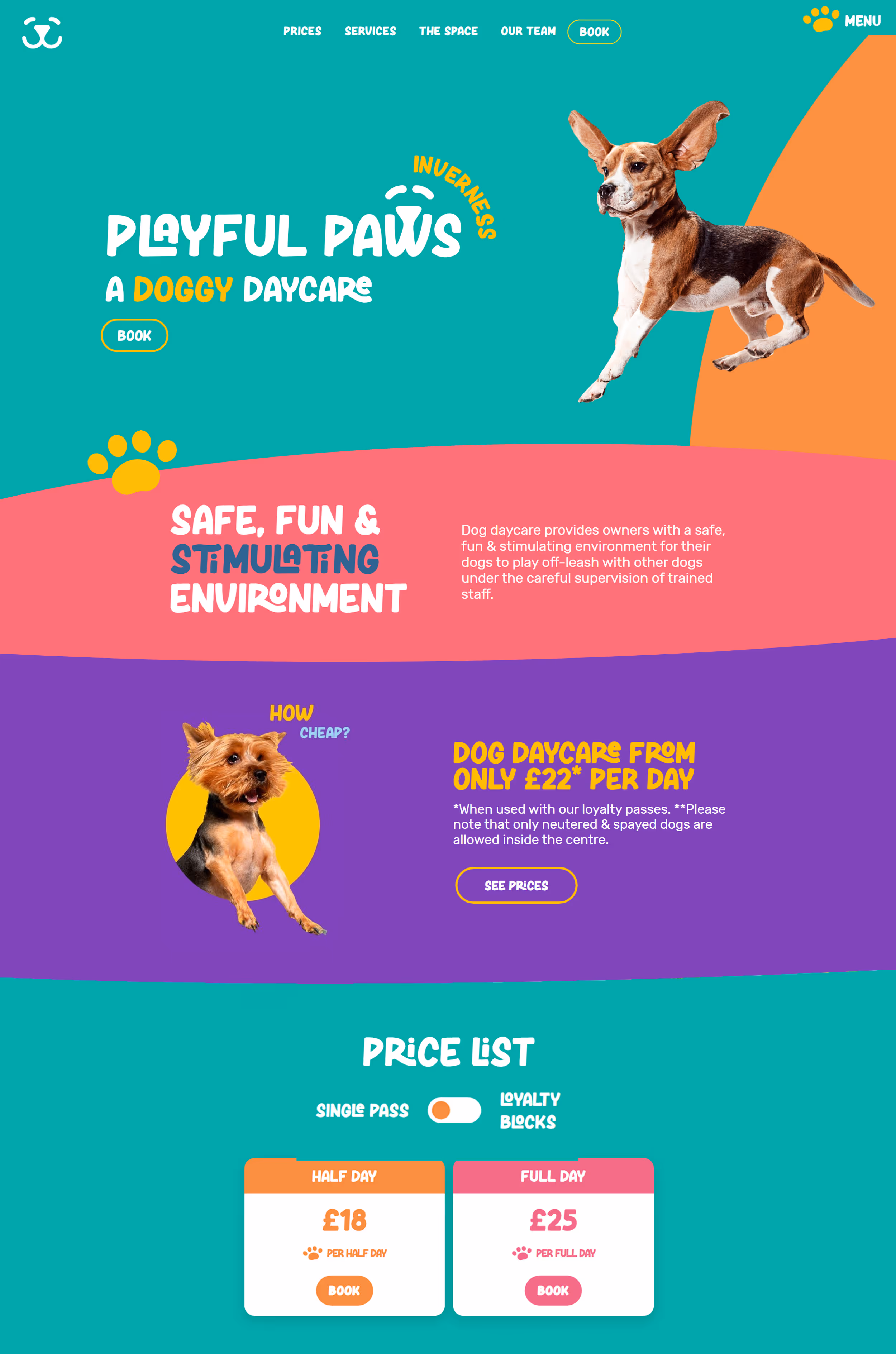 Playful Paws website design by Be Noticed Design, showcasing static web pages that highlight the playful branding and user-friendly navigation crafted for the daycare centre.