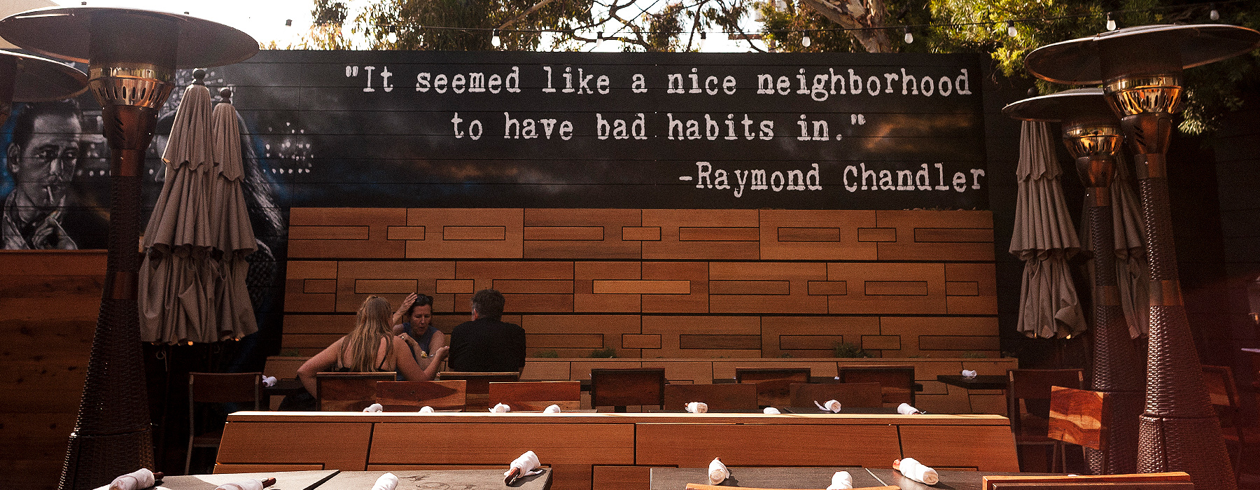 Ashland Hill garden patio with the Raymond Chandler mural