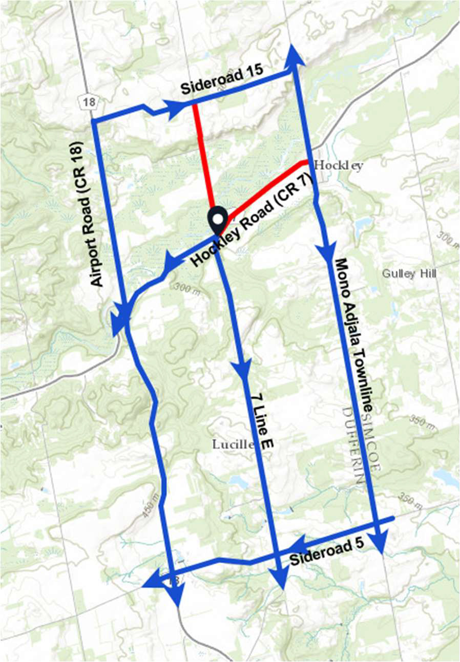 Map Showing Location of Road Closure at Hockley Road and 7th Line EHS