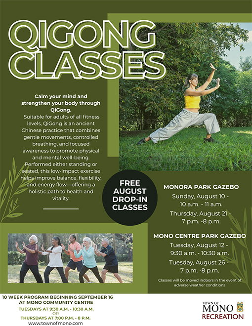 Qigong promotional poster with details about classes